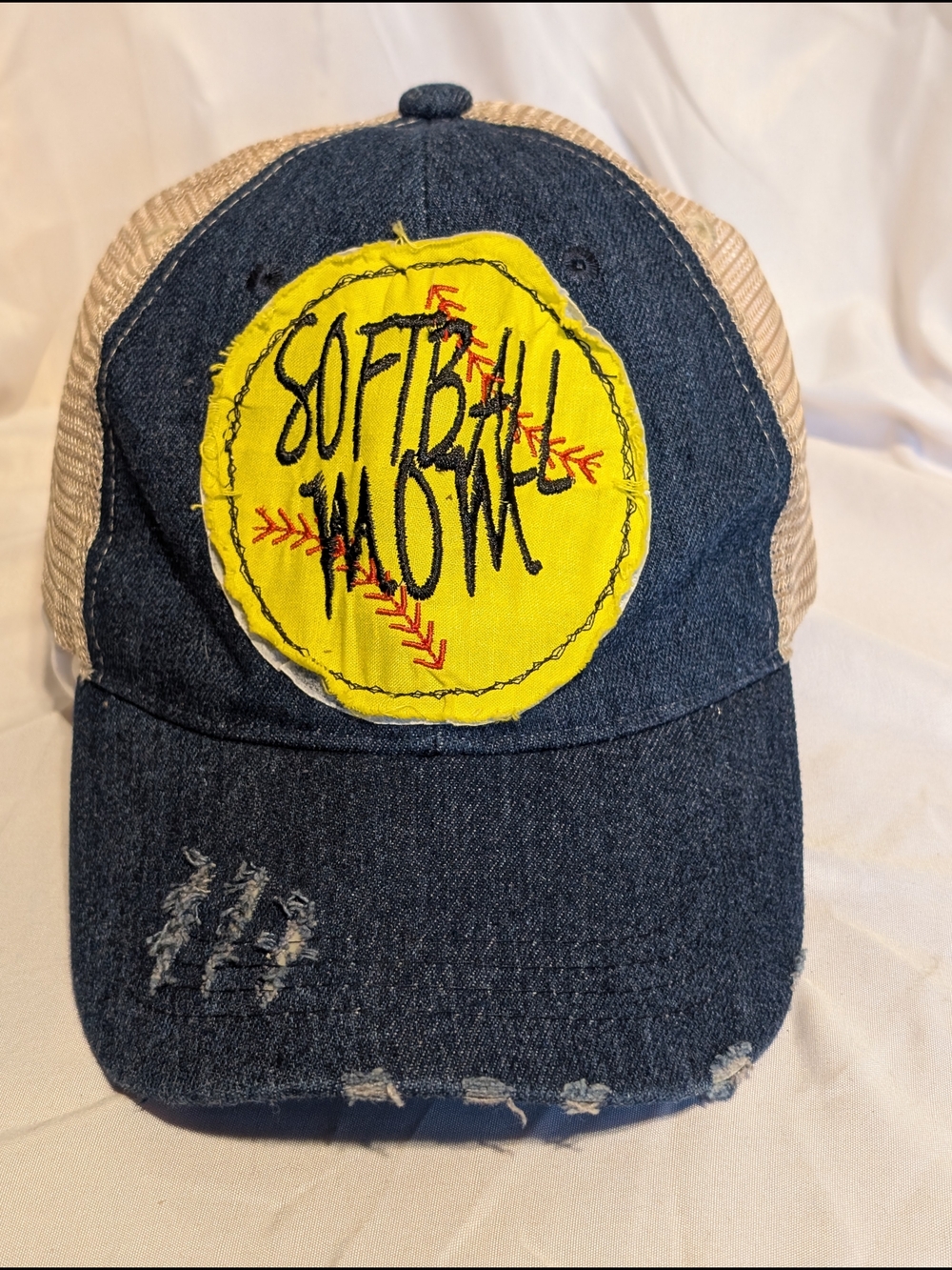 Softball Mom Distressed Denim Trucker Hat - Navy & Yellow